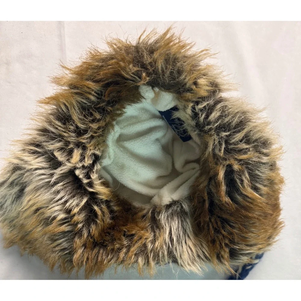 American Eagle Trapper Hat Blue Cream Striped Wool Alpaca Blend Faux Fur Trim